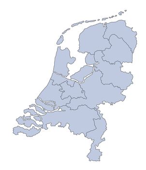 A stylized blank map of the Netherlands in blue tone. All isolated on white background.