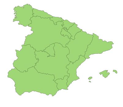 A map of Spain in green tone showing the different provinces. All isolated on white background.