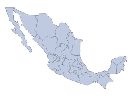 A map of Mexico in blue tone showing the different provinces. All isolated on white background.