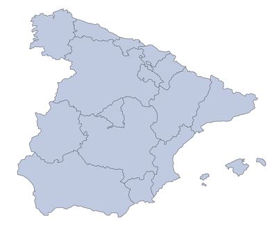 A map of Spain in blue tone showing the different provinces. All isolated on white background.