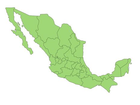 A map of Mexico in green tone showing the different provinces. All isolated on white background.