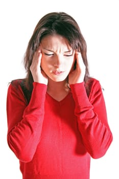 Attractive teenage girl feeling unwell. All on white background.