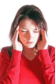 Attractive teenage girl feeling unwell. All on white background.