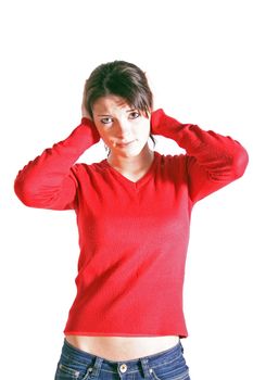 Attractive teenage girl keeping her ears shut. All on white background.