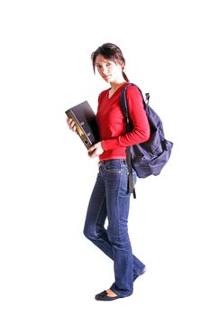 Full length shot of an attractive young student. All on white background.