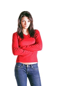 Serious looking young woman. All on white background.