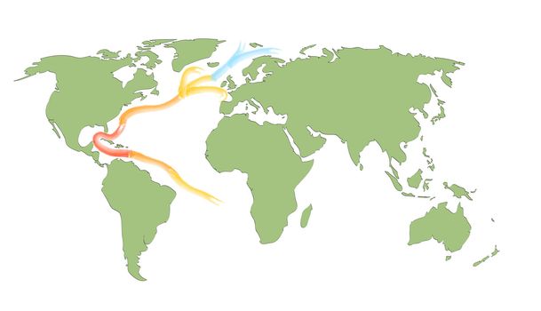 A map of the world showing the Gulf Stream and its different temperature zones.