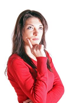 Attractive young woman deliberates a decision. All on white background.