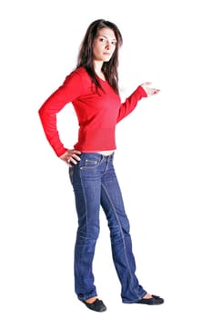 Attractive young woman presenting something. All on white background.