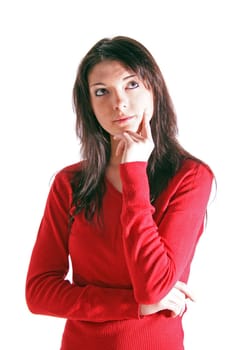 Attractive young woman deliberates a decision. All on white background.