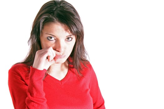 Attractive young woman asks for silence. All on white background.