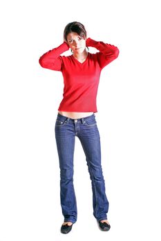 Attractive young woman keeping her ears shut. All on white background.