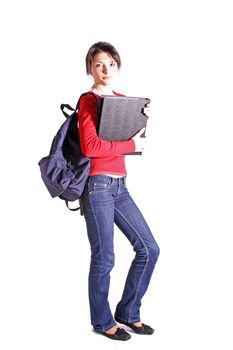 Full length shot of an attractive student. All on white background.