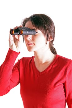 Attractive teenage girl using spyglass. All on white background.