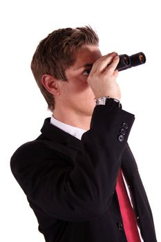 A smart businessman using a binocular. All isolated on white background.