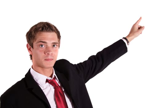 A smarting businessman pointing at something. All isolated on white background.