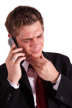 A business man hast to make a decision during a call. All isolated on white background.