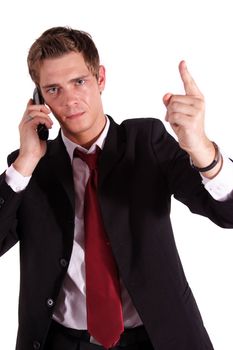 A business making an unpleasant call. All isolated on white background.