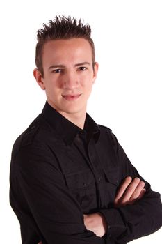 A young handsome man standing in front of a white background.