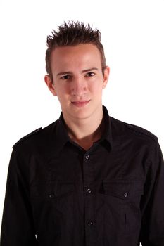 A young handsome man standing in front of a white background.