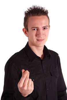 A teenager asks for more pocket money. All isolated on white background.