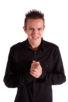 A greedy young man standing in front of white background.