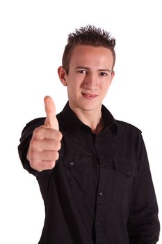 A young handsome man praises someone. All isolated on white background.