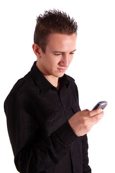 A young handsome man gives someone a call. All isolated on white background.