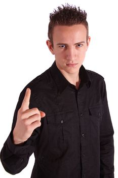 A young man threatens someone. All isolated on white background.