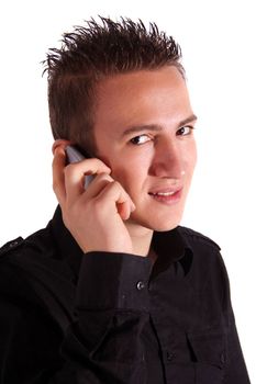 A young handsome man gives someone a call. All isolated on white background.