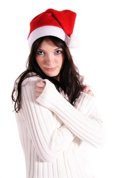 A handsome young woman holding a small red present. All isolated on white background.