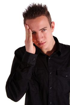 A young man suffers from migraine. All isolated on white background.