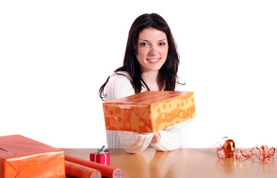 A handsome young woman wrapping presents. All isolated on white background.
** Note: Slight blurriness, best at smaller sizes.