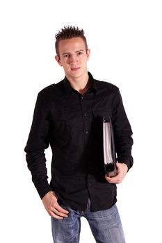 A young handsome student standing in front of a white background.