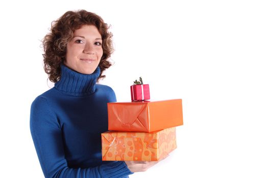 A handsome young woman holding a pile of fine wrapped presents. All isolated on white background.