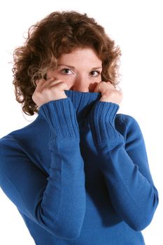 A handsome young woman got a cold. All isolated on white background.