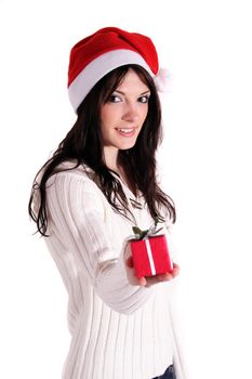 A handsome young woman holding a small red present. All isolated on white background.