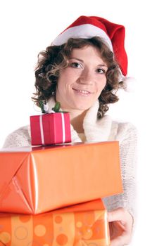 A handsome young woman holding a pile of presents. All isolated on white background.