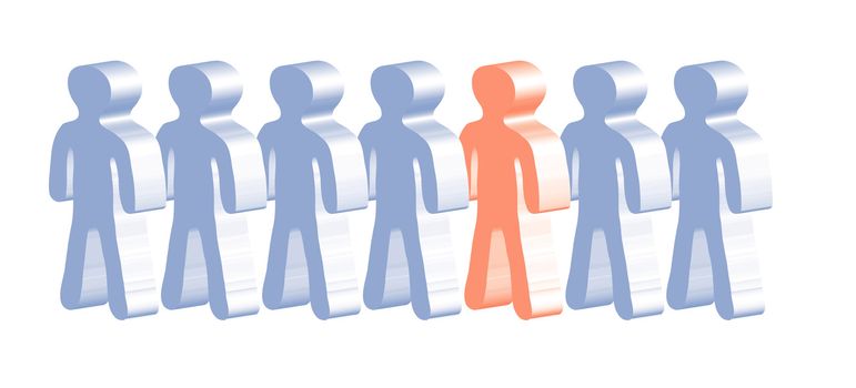 A line of stylized person with one single outsider in different color.