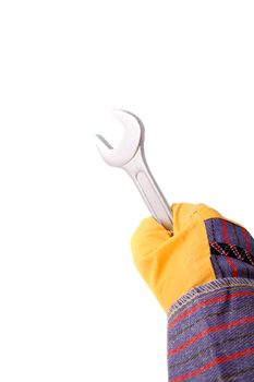 A hand in gauntlet holding a wrench. All isolated on white background.