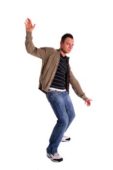 A frisky young man surfing. All isolated on white background.