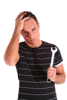 A young handsome apprentice overwrought with his work. All isolated on white background.