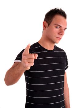 An annoyed young man making a threatening gesture. All isolated on white background.