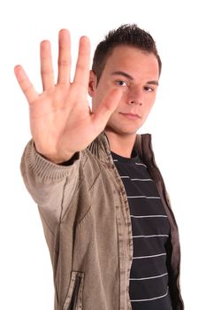 A handsome young man stops someone. All isolated on white background.