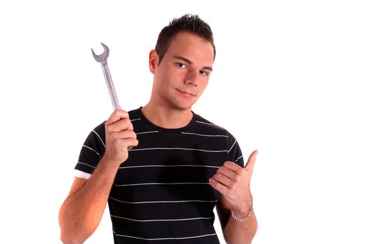 A young handsome apprentice satisfied with his work. All isolated on white background.