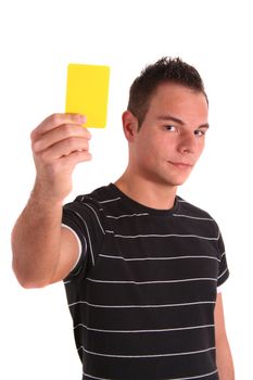 A handsome young man shows someone a yellow card. All isolated on white background.