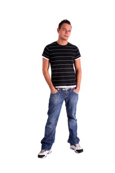 A confident fresher standing in front of plain white background.