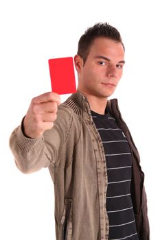 A handsome young man shows someone a red card. All isolated on white background.