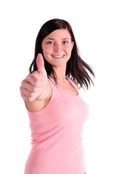 A lively young woman praises someone or something. All isolated on white background.