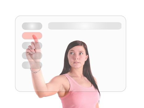 A young woman using a modern interface menu. All isolated on white background.